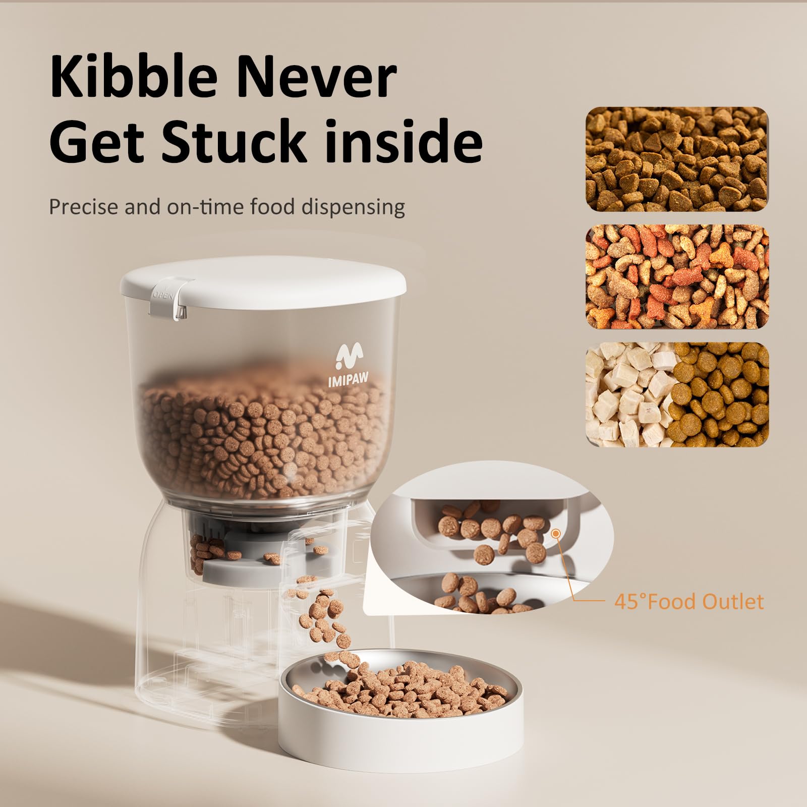 IMIPAW PET anti-jamming mechanism ensures smooth food flow and consistent servings