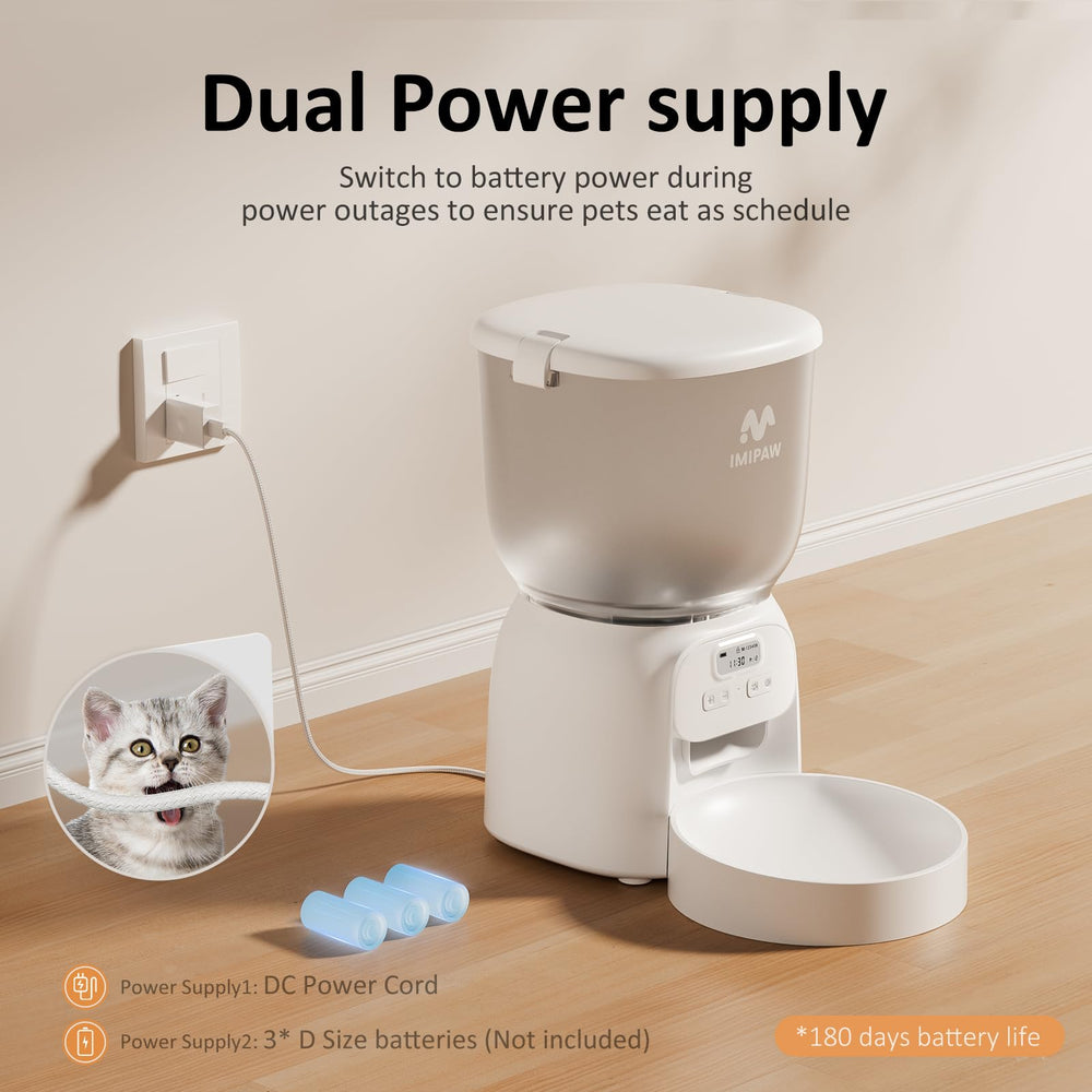 IMIPAW PET automatic cat feeder showing dual power options for uninterrupted meals.