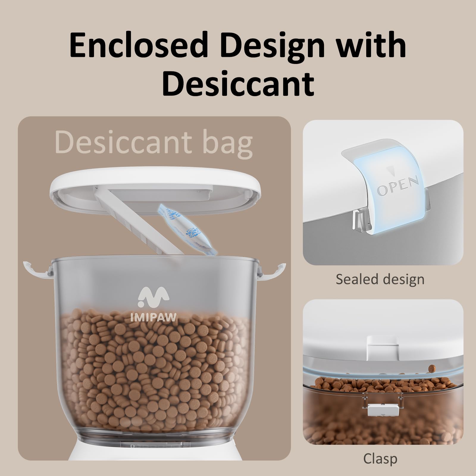 IMIPAW PET feeder accepts kibble sizes 0.07–0.4 inches for steady dispensing.