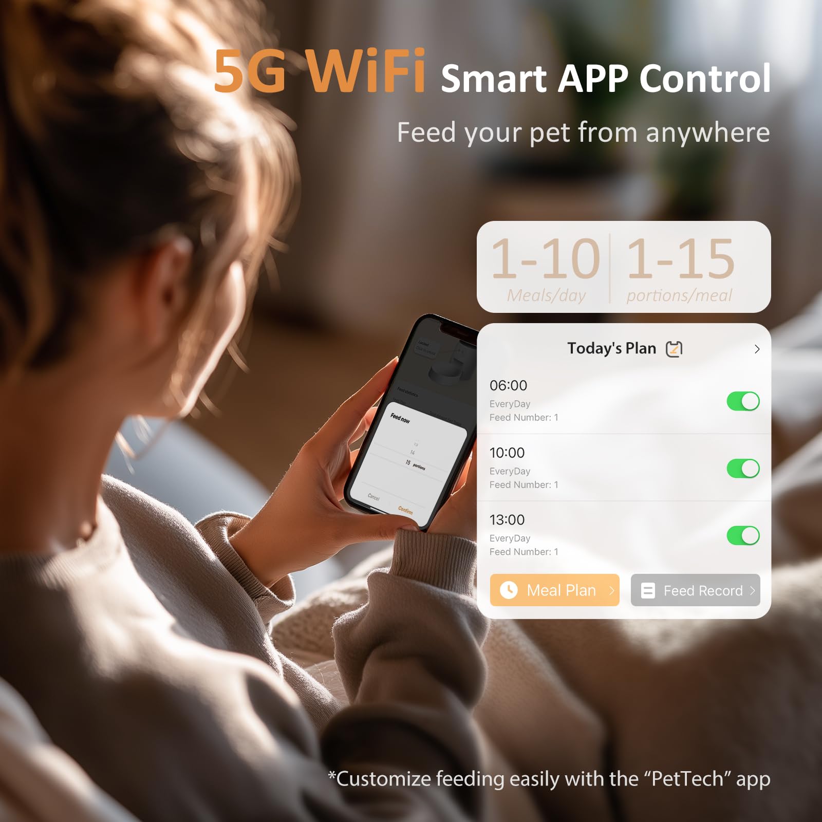 IMIPAW PET Smart Cat Feeder App Control scene highlights remote scheduling for busy households.
