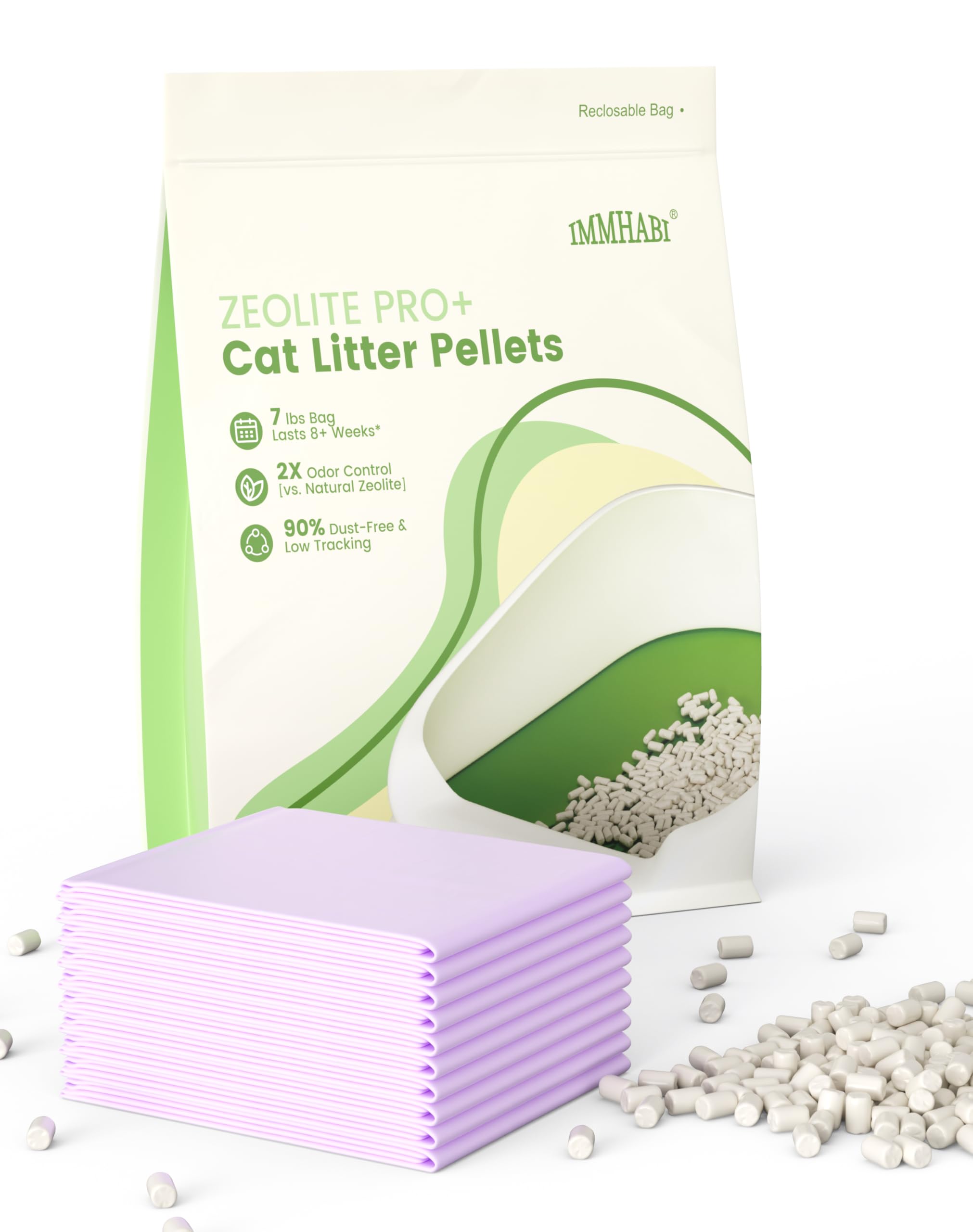 IMMHABI zeolite pellets 7lbs bag showing low-dust paw-friendly design for tracking reduction.