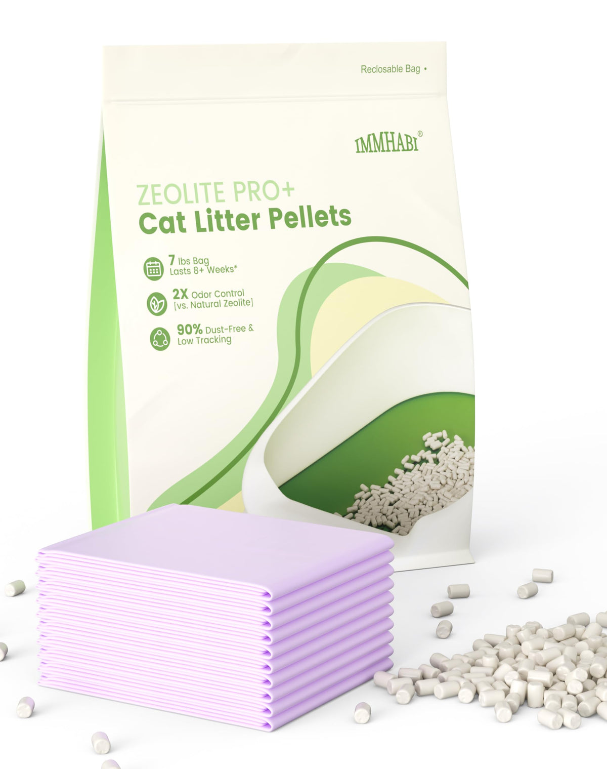 IMMHABI zeolite pellets 7lbs bag showing low-dust paw-friendly design for tracking reduction.