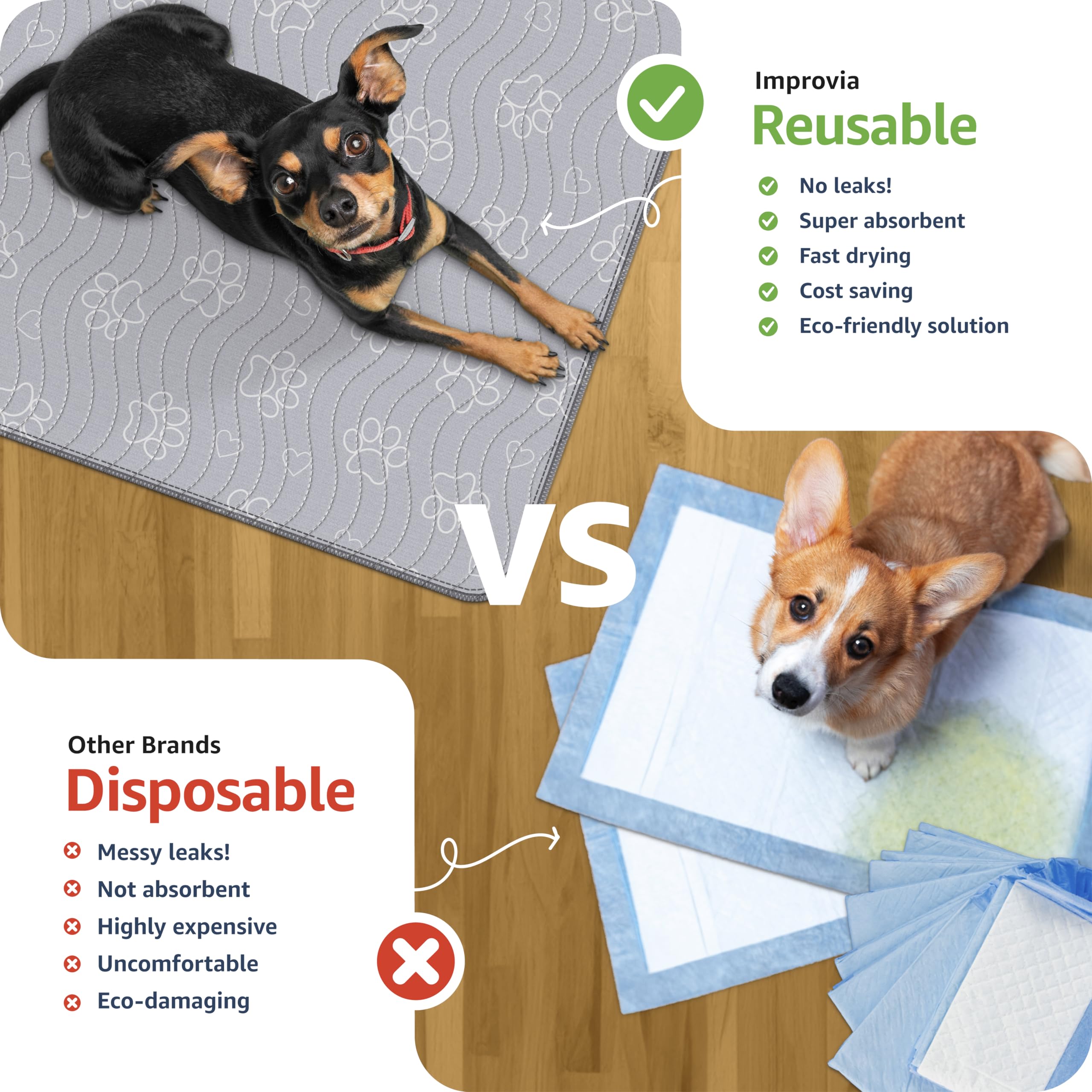 IMPROVIA washable dog pad demonstrates quick-dry, reusable protection after messy sessions