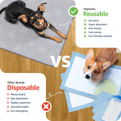 IMPROVIA washable dog pad demonstrates quick-dry, reusable protection after messy sessions