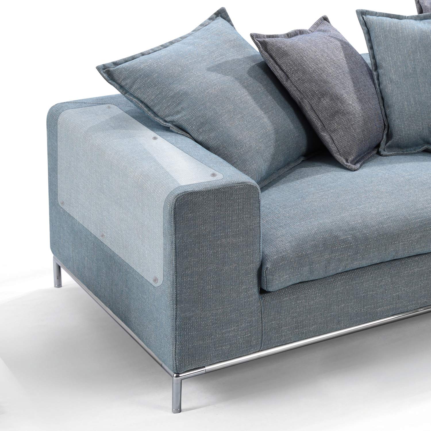 In Hand scratch guards transparent on couch blend with furniture while shielding from claws.