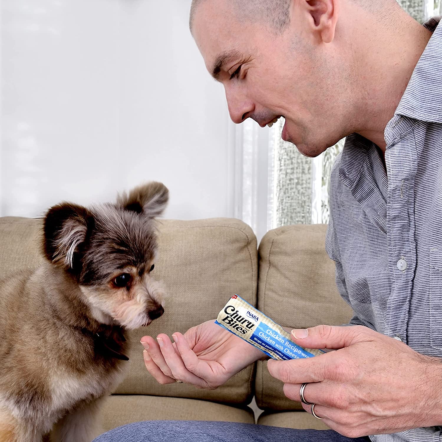 Inaba Churu Bites presented to a dog for quick rewards by owner.