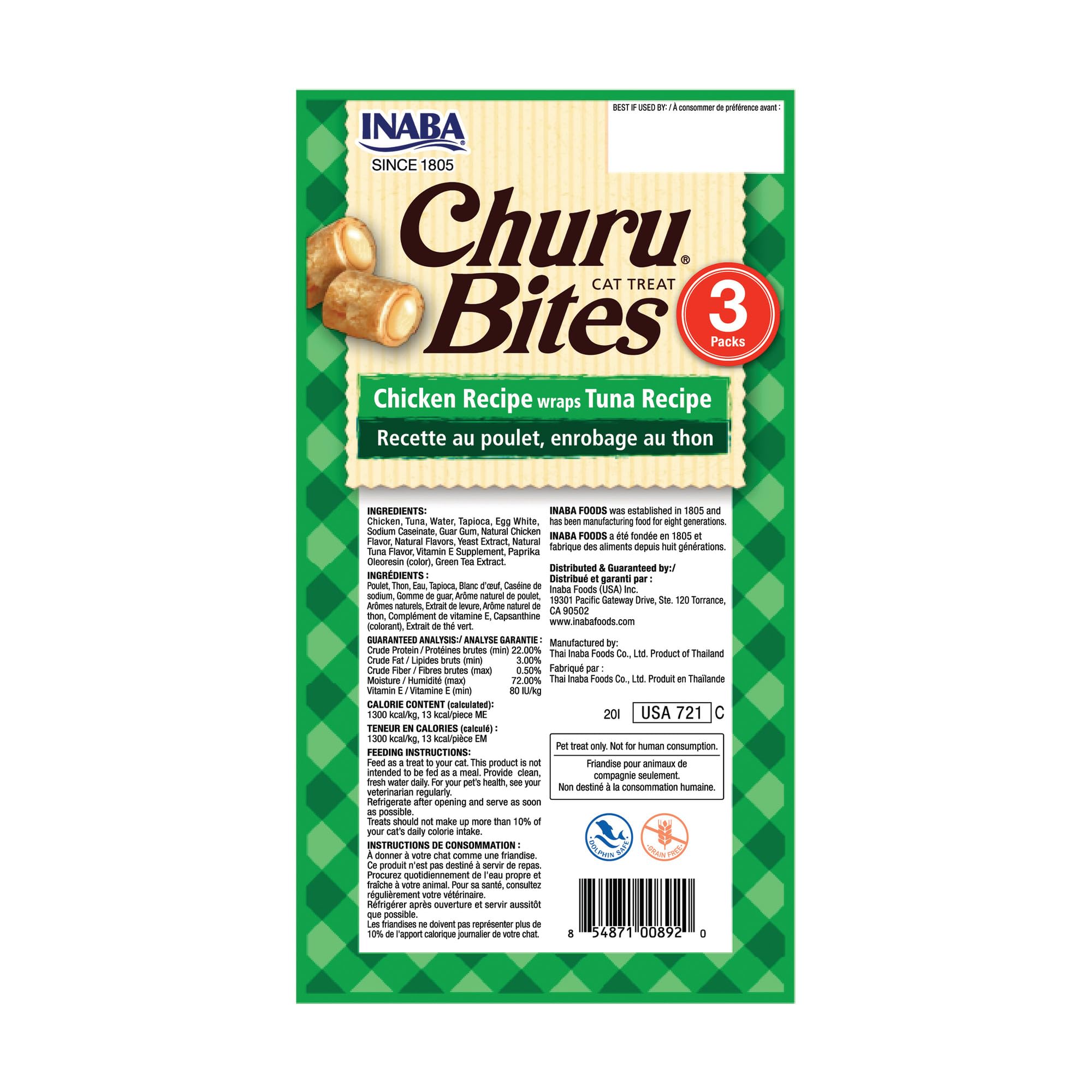 INABA Churu Bites tuna-recipe tube displayed with fresh slices, emphasizing high-quality natural tuna.