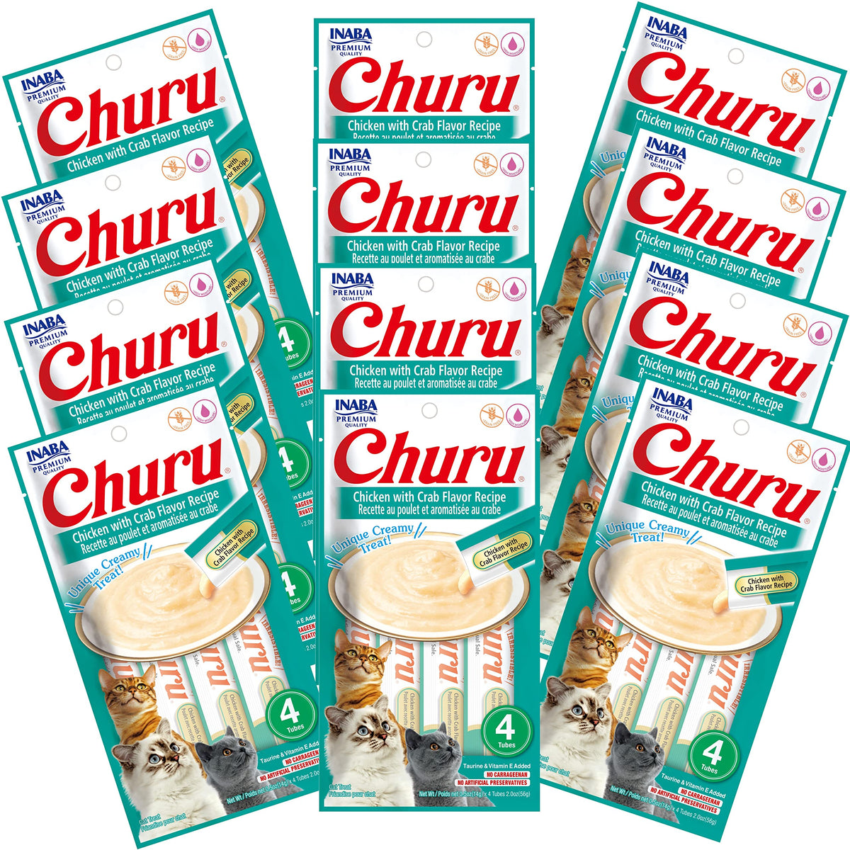 INABA Churu chicken-crab tubes hand-fed for a hydrating treat.