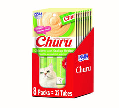 INABA Churu chicken-scallop tubes, convenient 8-pack for daily hydration and tasty treat.
