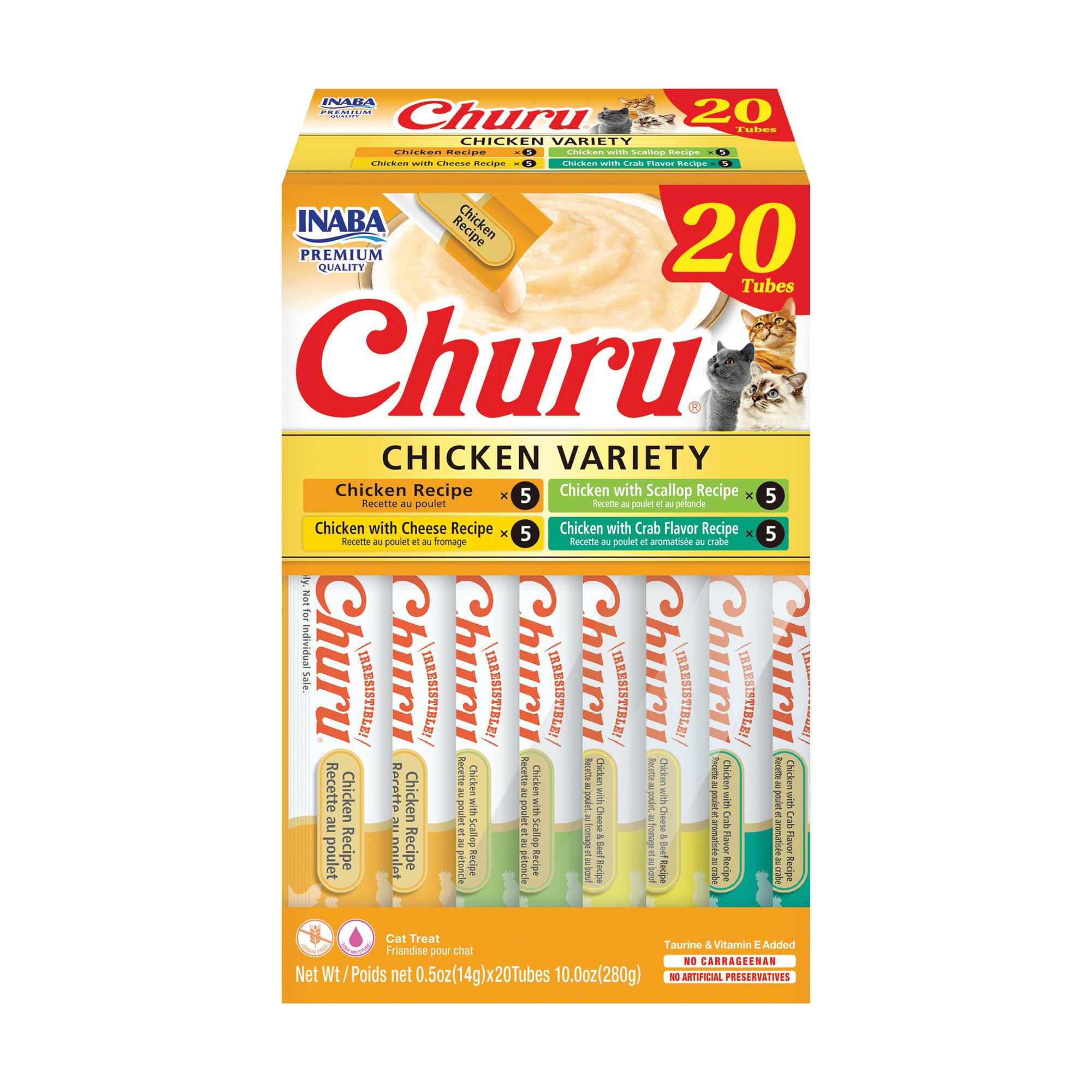 INABA Churu chicken variety box front view, convenient 20-tube snack assortment for cats.