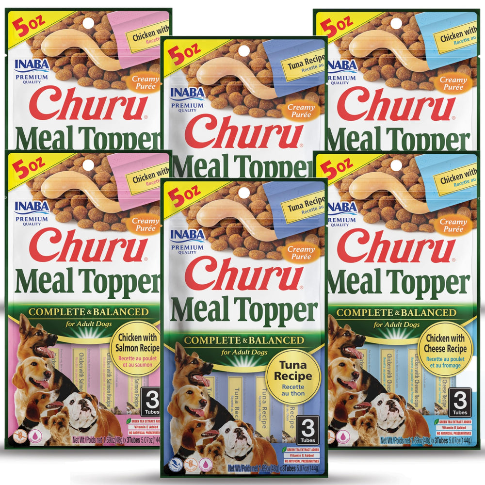 INABA Churu dog tubes packaging showing convenient single-serve toppers for on-the-go feeding