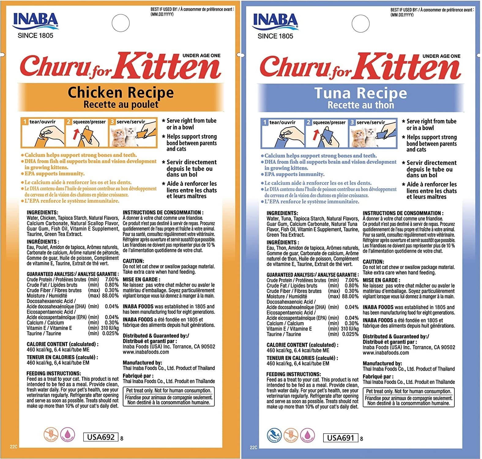 INABA Churu kitten puree texture highlights grain-free, high-moisture formula for kitten hydration.