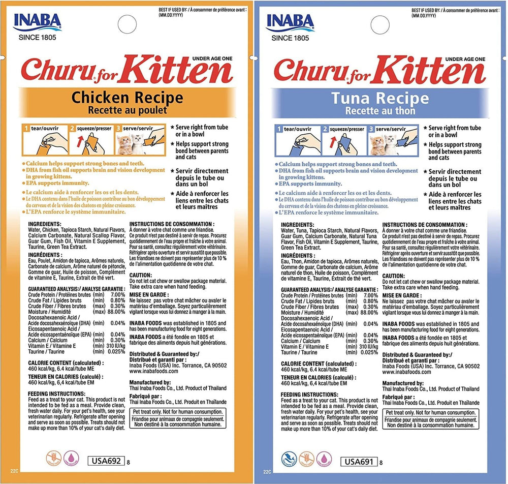 INABA Churu kitten puree texture highlights grain-free, high-moisture formula for kitten hydration.