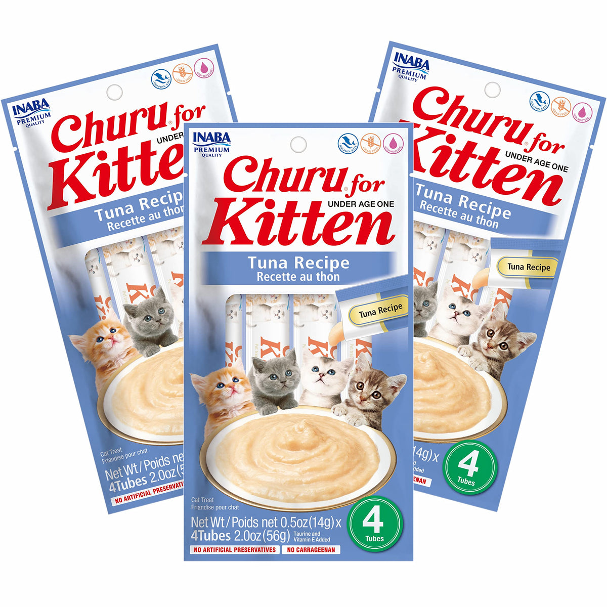 INABA Churu for kittens tuna tubes pack, convenient grain-free lickable treats for bonding.
