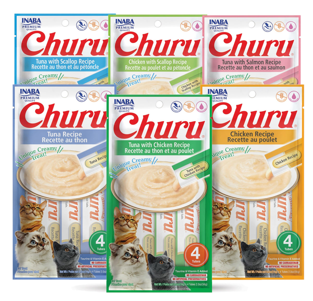 INABA Churu lickable purée tubes packaging highlights grain-free, convenient feeding.