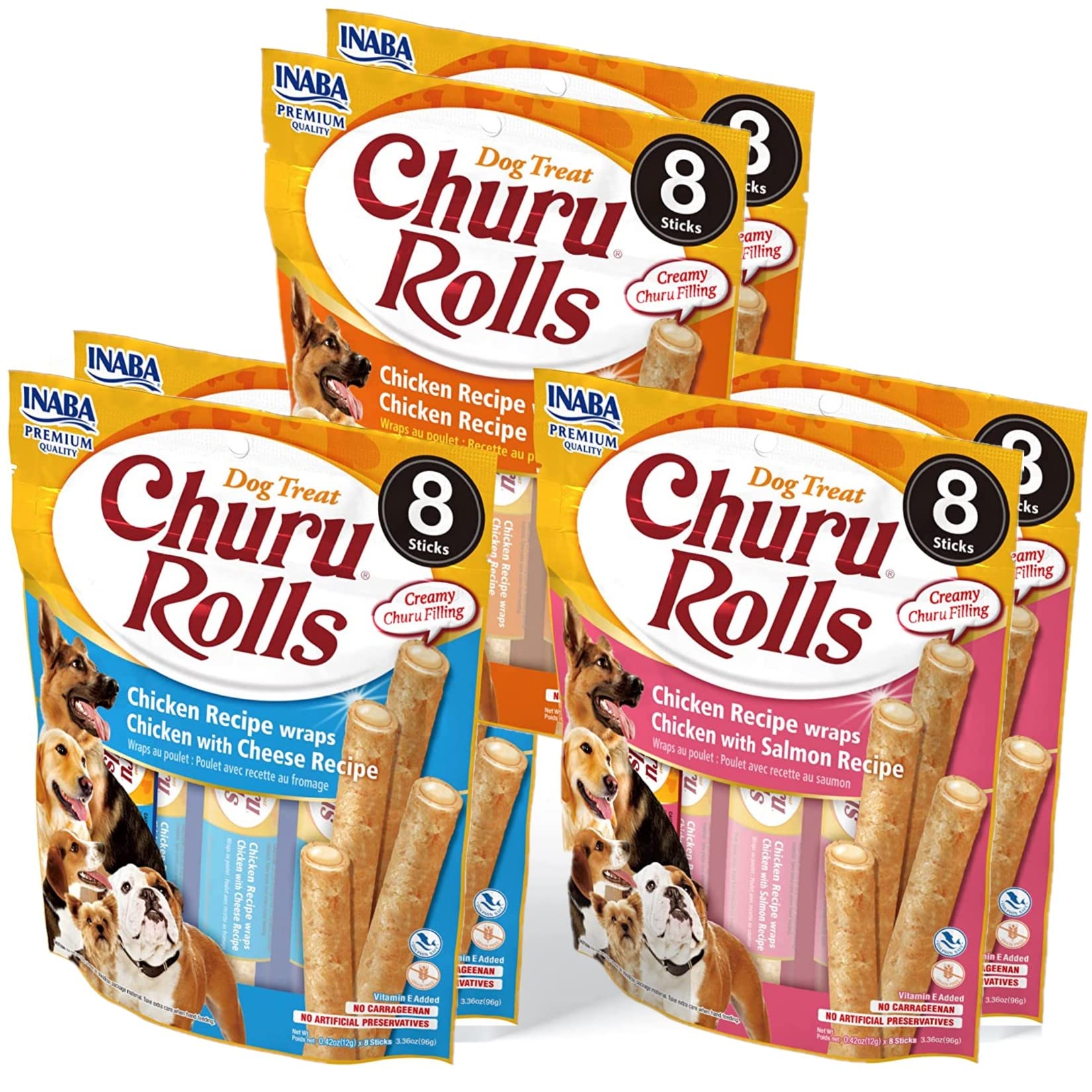 INABA Churu Rolls variety pack showing three flavors for versatile dog treats.