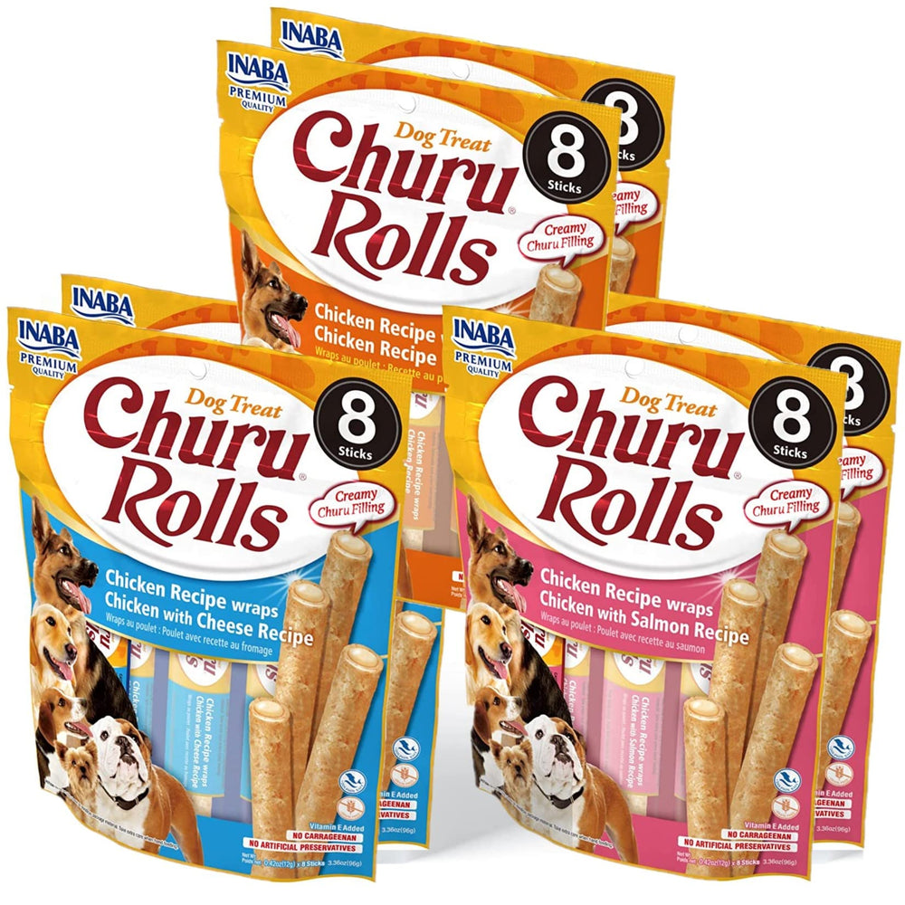 INABA Churu Rolls variety pack showing three flavors for versatile dog treats.