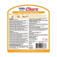 INABA Churu tube label highlighting grain-free, preservative-free formula