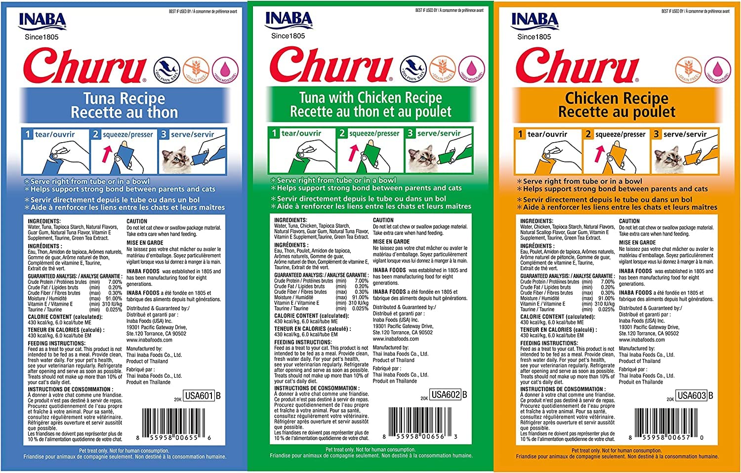 INABA Churu tubes close-up, creamy texture highlighting high moisture for hydration and low calories