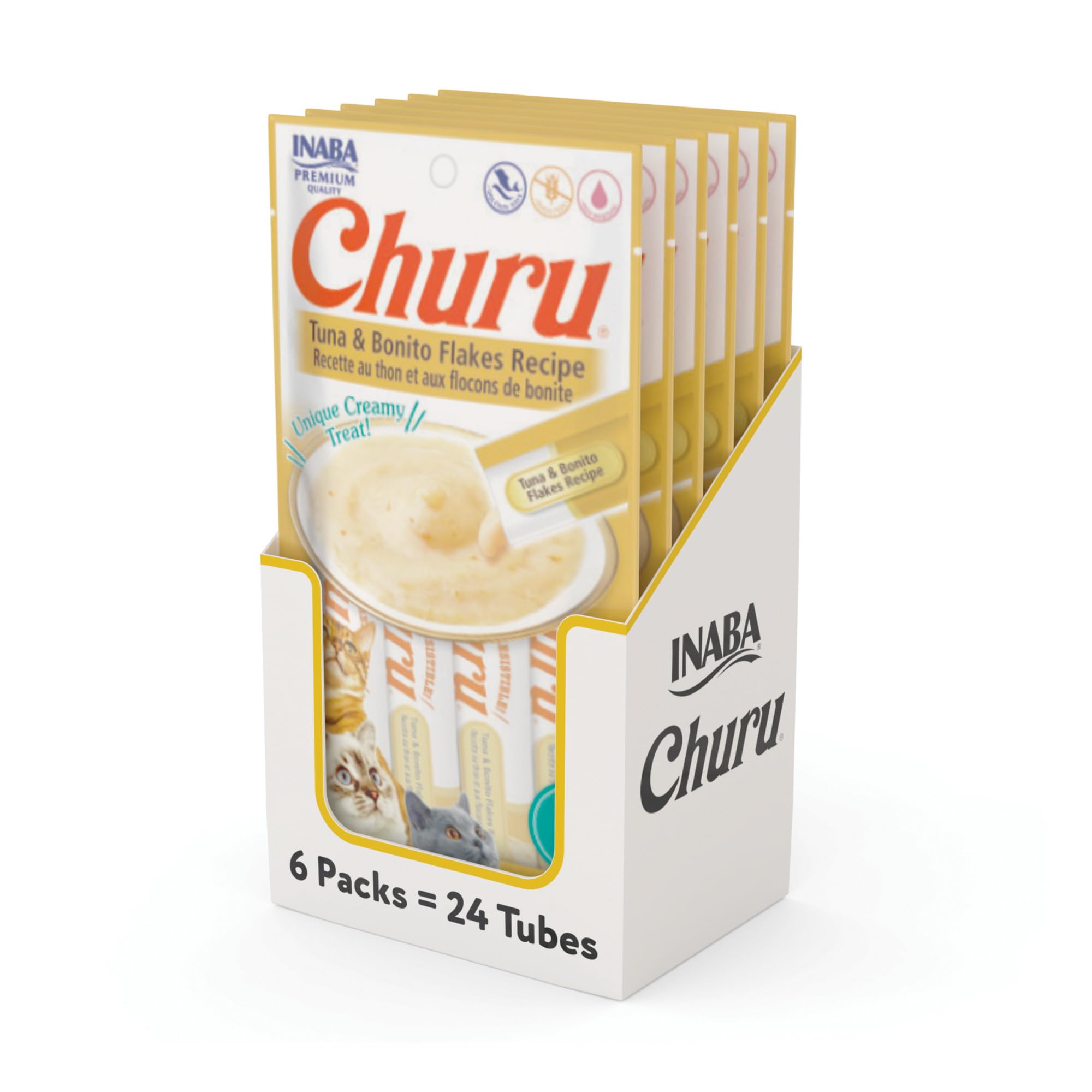 INABA Churu tuna-bonito tubes for hand-feeding, a hydrating low-calorie cat treat