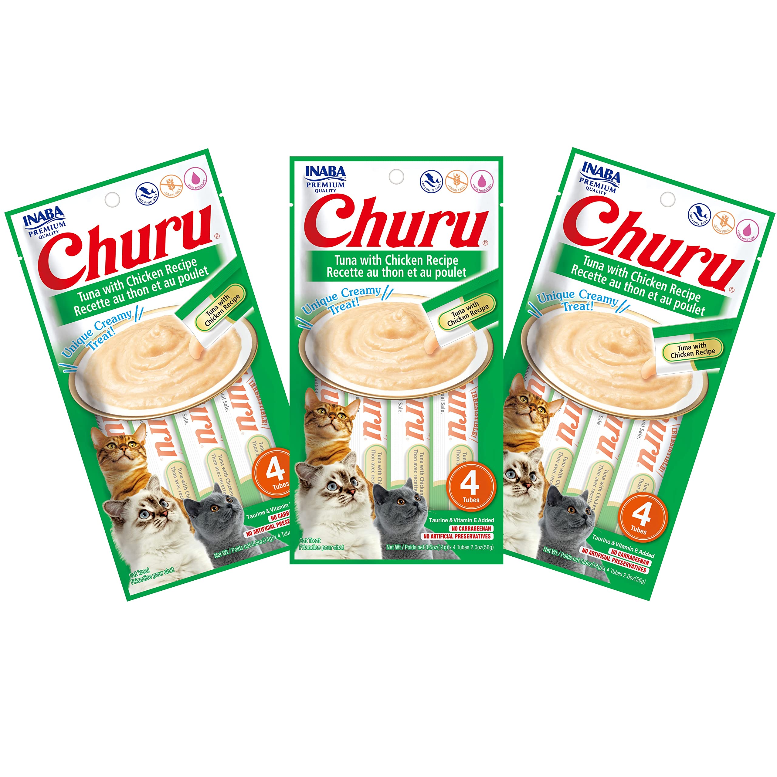 INABA Churu tuna-chicken tube closeup showing creamy texture ideal for hand feeding