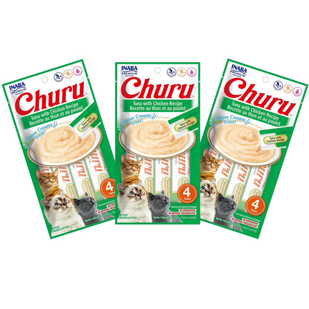 INABA Churu tuna-chicken tube closeup showing creamy texture ideal for hand feeding