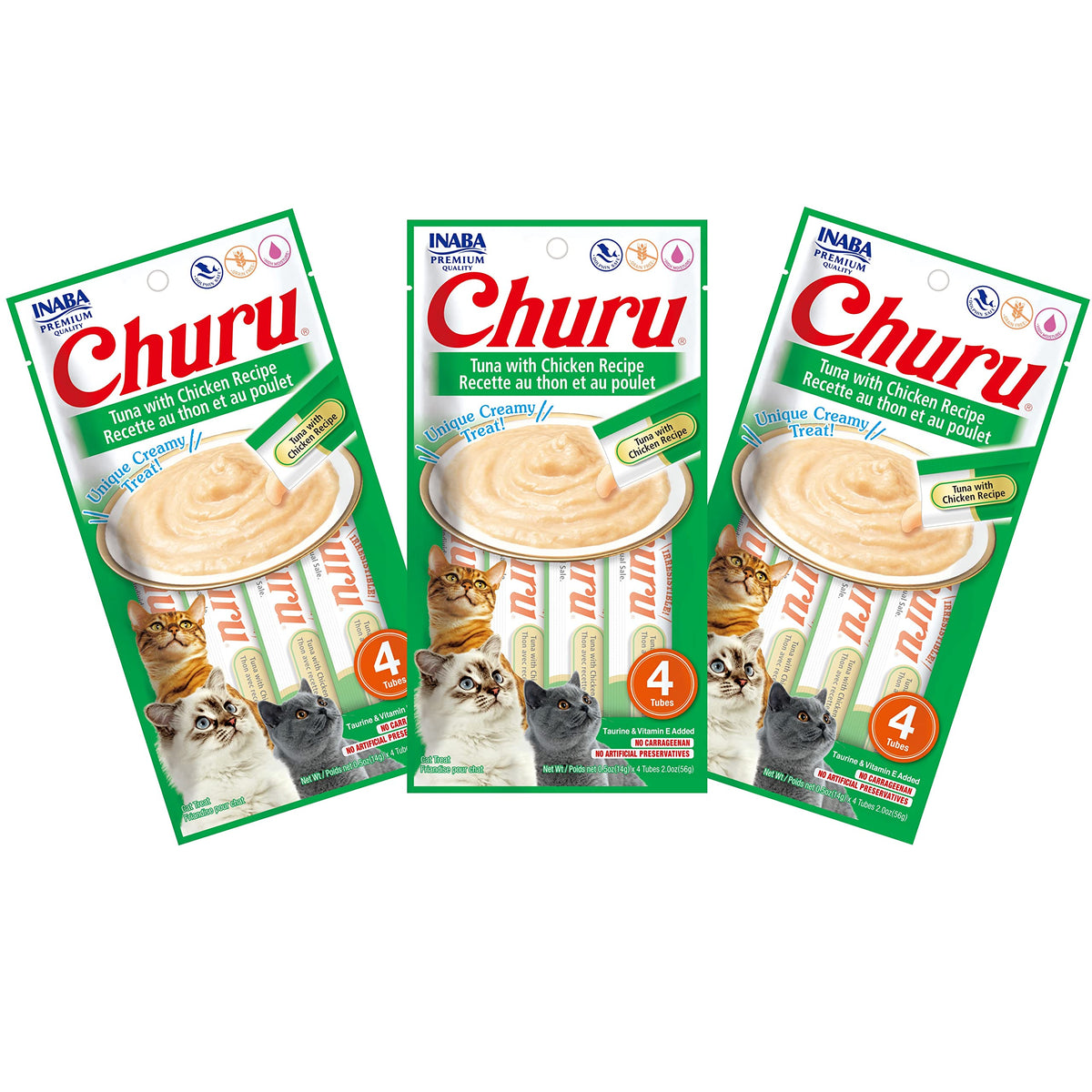 INABA Churu tuna-chicken tube closeup showing creamy texture ideal for hand feeding