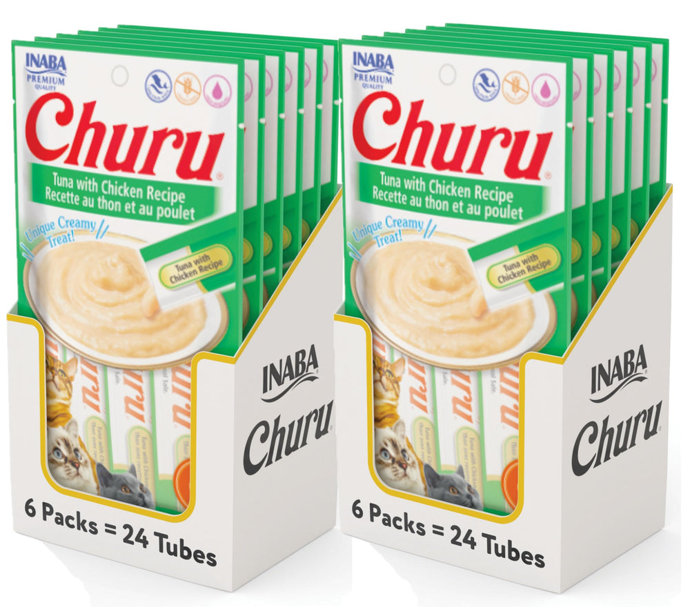 INABA Churu tuna-chicken tubes pack—hydrating, flavorful snack for cats.