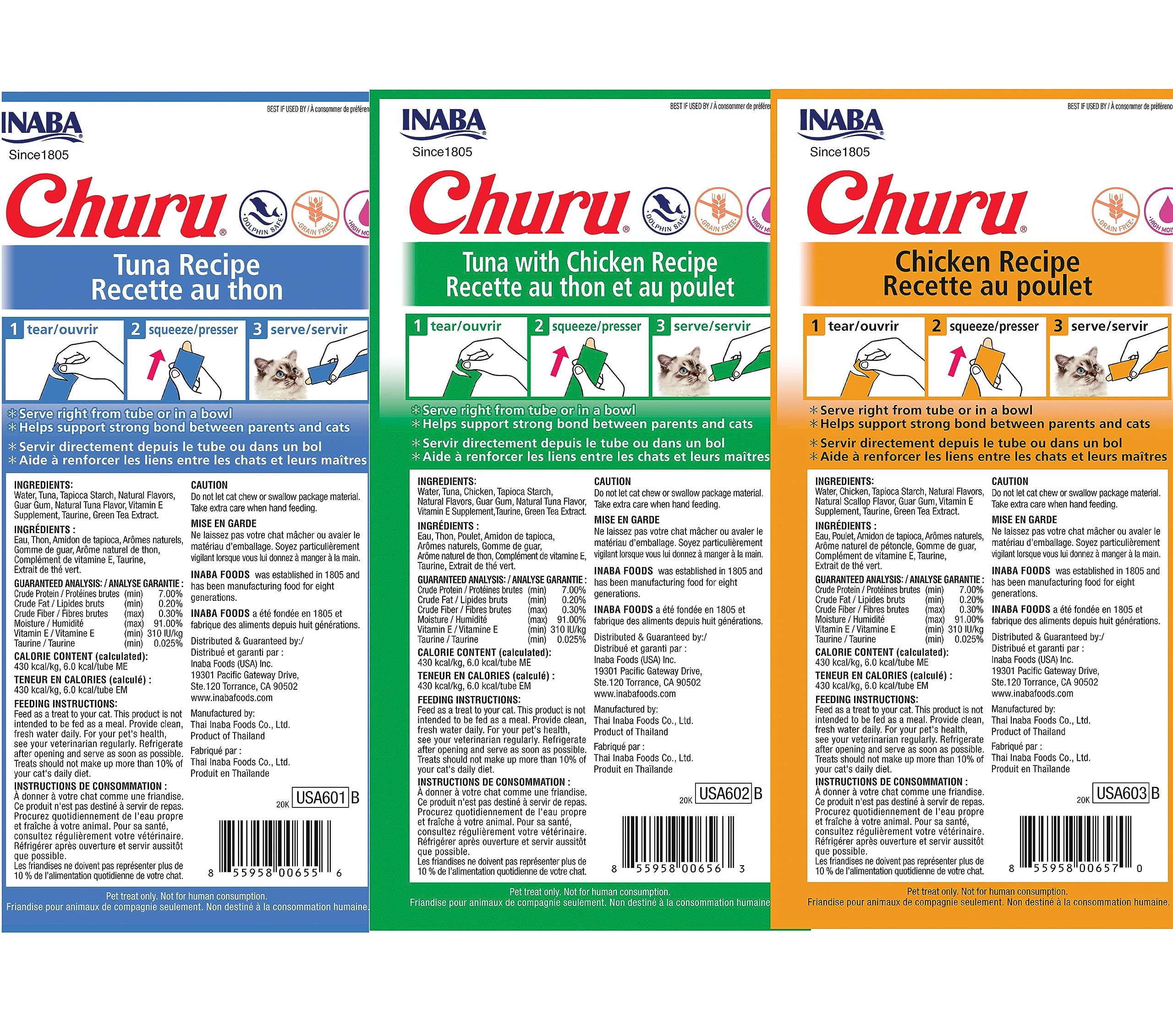 INABA Churu tuna-chicken variant packs show high moisture, low-calorie cat snack.