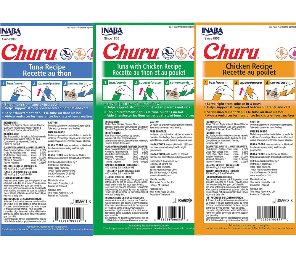 INABA Churu tuna-chicken variant packs show high moisture, low-calorie cat snack.