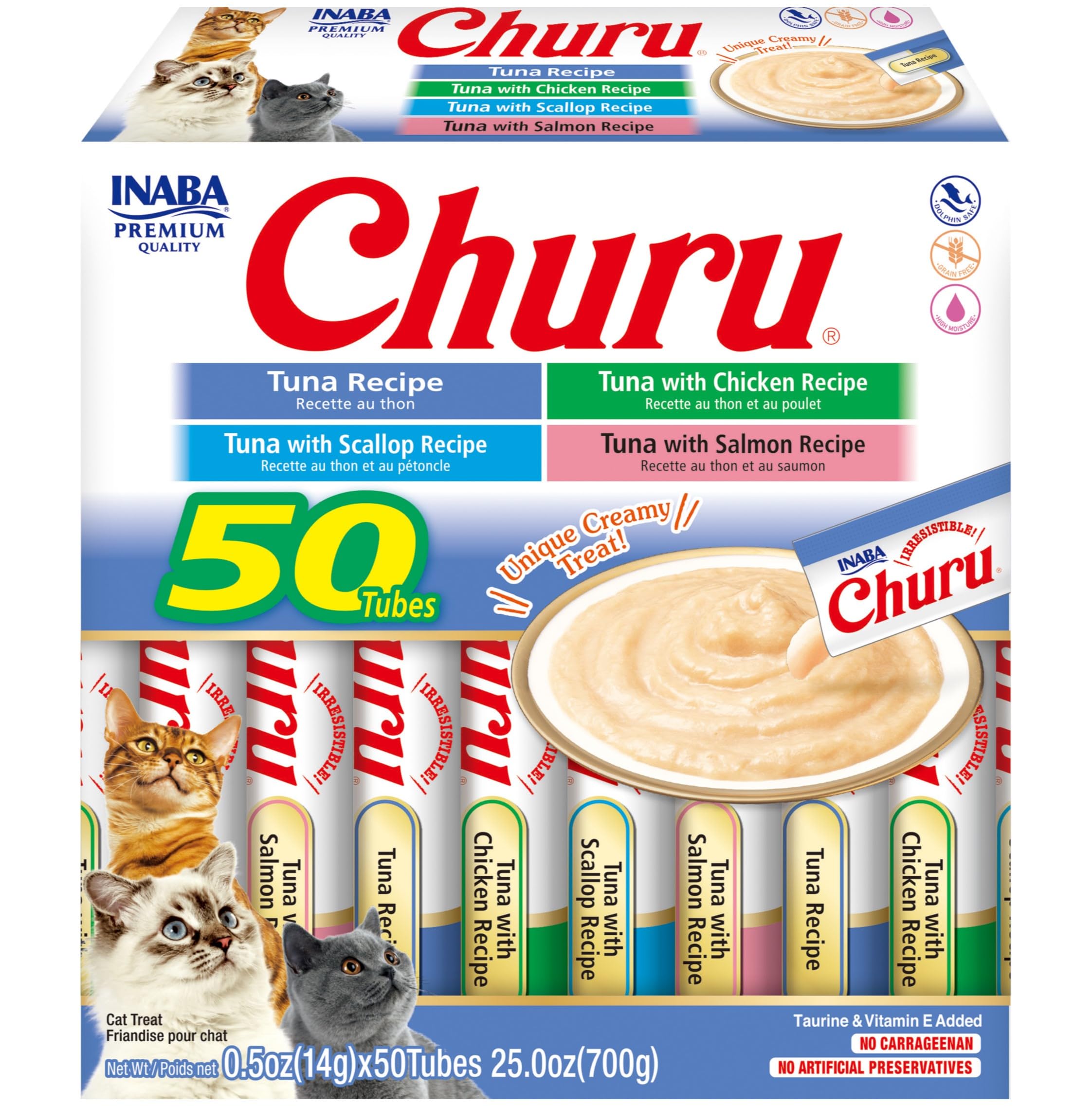 INABA Churu tuna tube front highlights high moisture for hydration with a low-calorie profile