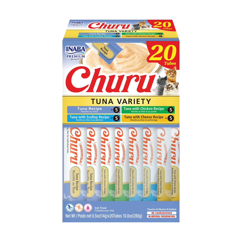 INABA Churu Tuna Variety Box collection shows twenty easy-to-use tubes for daily treats.