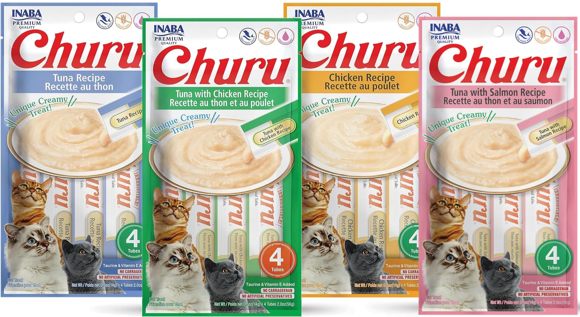 INABA Churu variety-pack tubes shown for interactive hand-feeding bonding with a cat