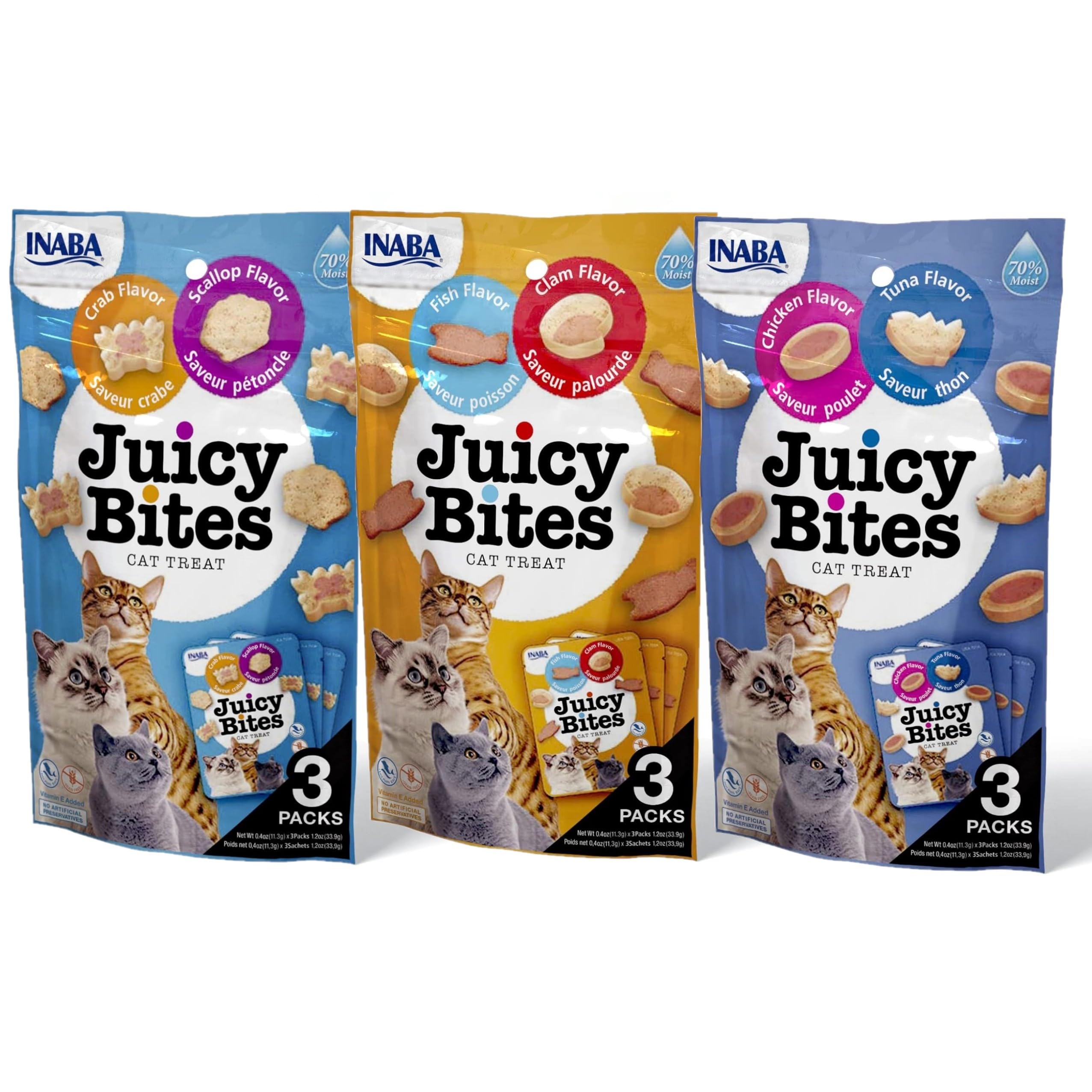 INABA Juicy Bites grain-free cat treats front-pack showing nine convenient pouches for freshness