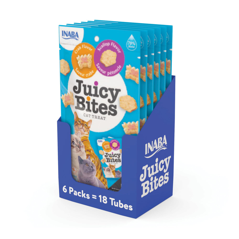 INABA Juicy Bites packs show grain-free, low-calorie cat treats for rewards.