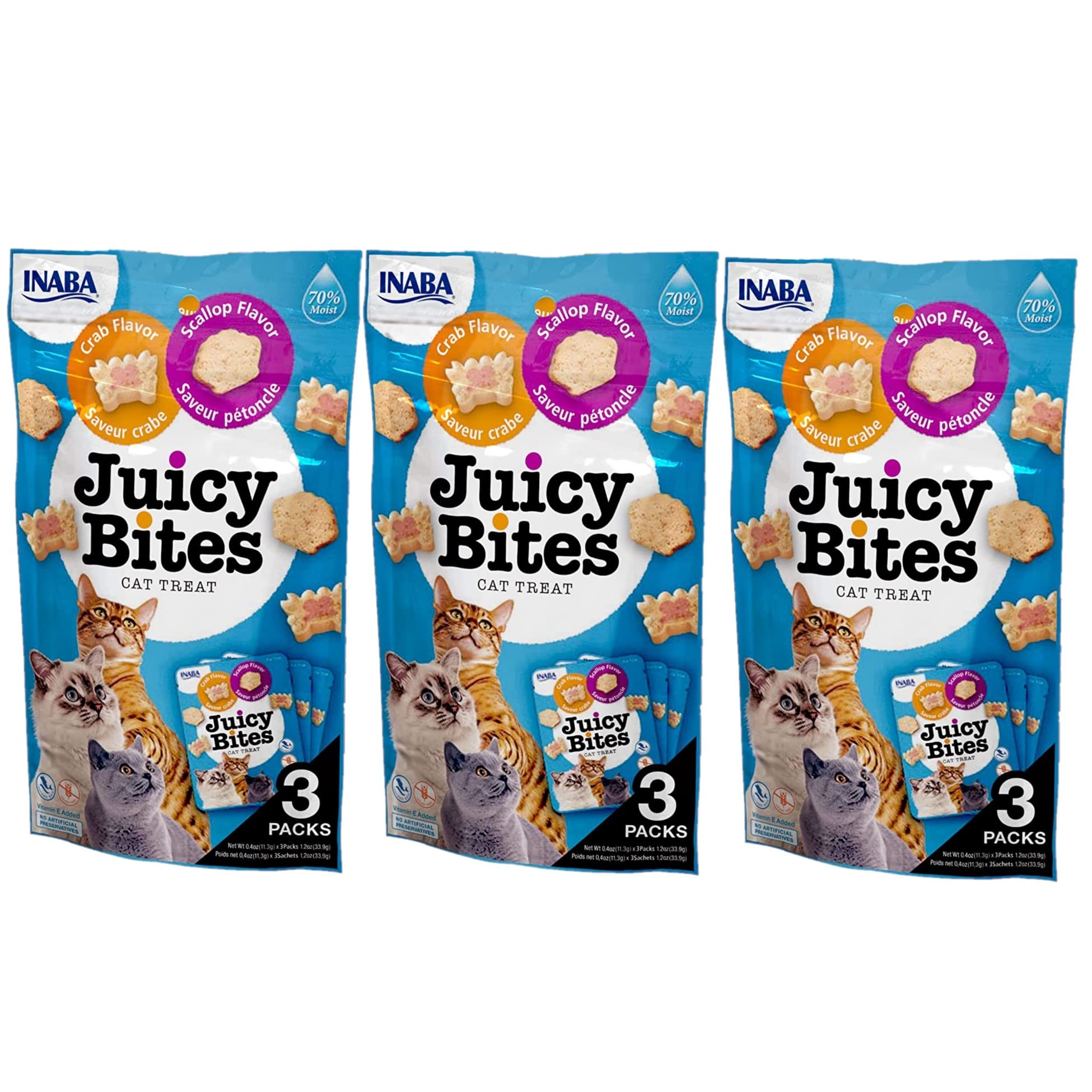 INABA Juicy Bites pouch close-up showing grain-free moist cat treats for healthy snacking