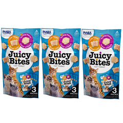 INABA Juicy Bites pouch close-up showing grain-free moist cat treats for healthy snacking