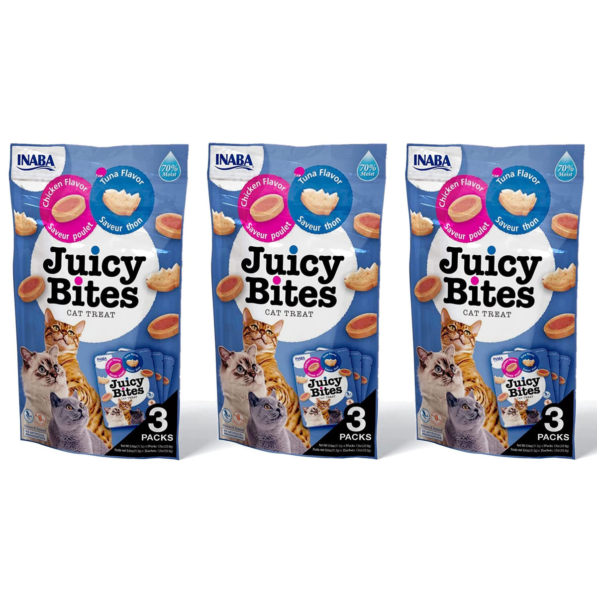 INABA Juicy Bites tuna chicken pouch closeup, grain-free moist treats for quick rewards