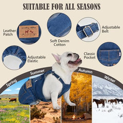 Inanil dog denim overalls close-up stitching highlights craftsmanship and comfort.