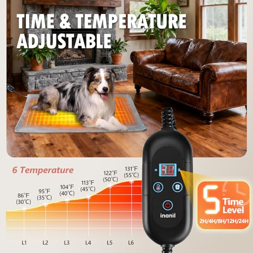 inanil dog heated pad temp dials close-up highlights six heat settings for comfort