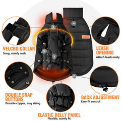 Inanil dog puffer jacket side-closure closeup shows neck Velcro sealing drafts effectively.