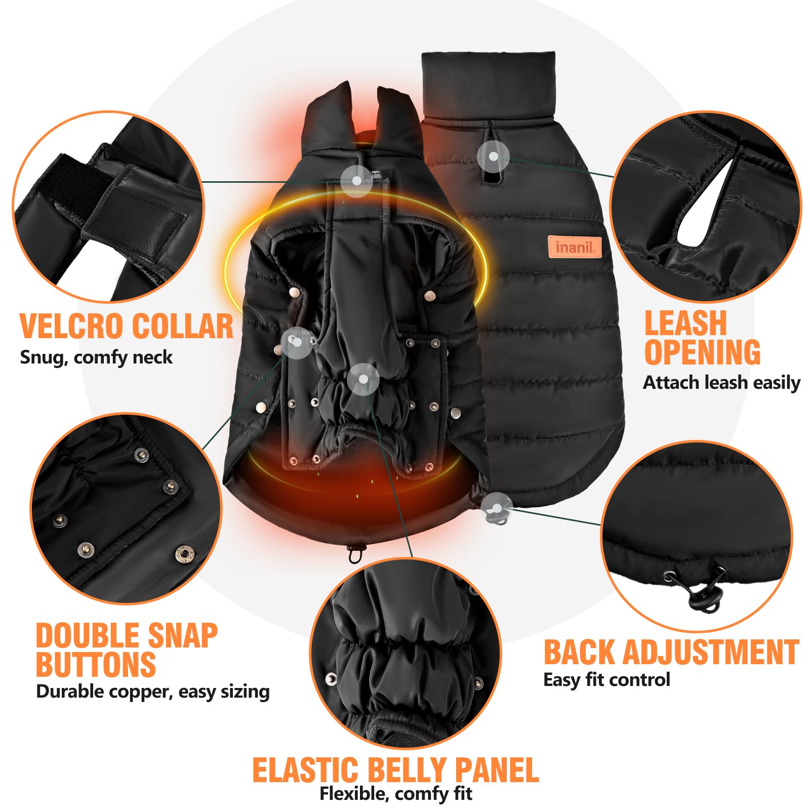 Inanil dog puffer jacket side view highlights adjustable fit for comfort