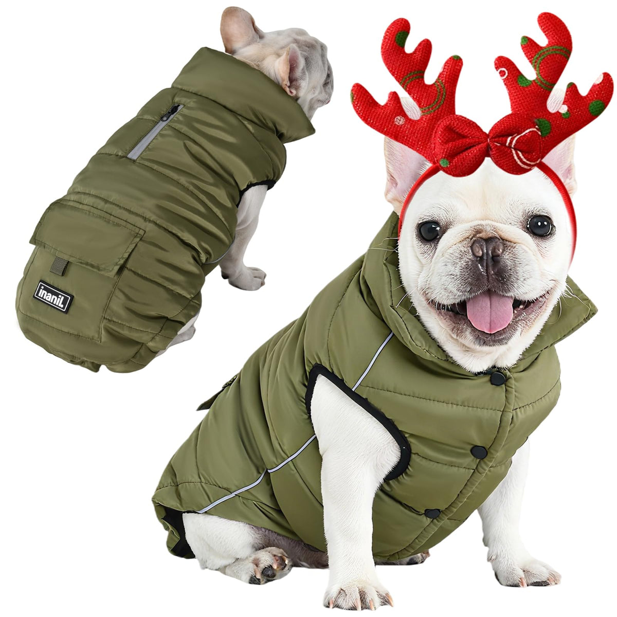 Inanil dog winter puffer jacket Olive back view highlighting reflective strips for nighttime safety.