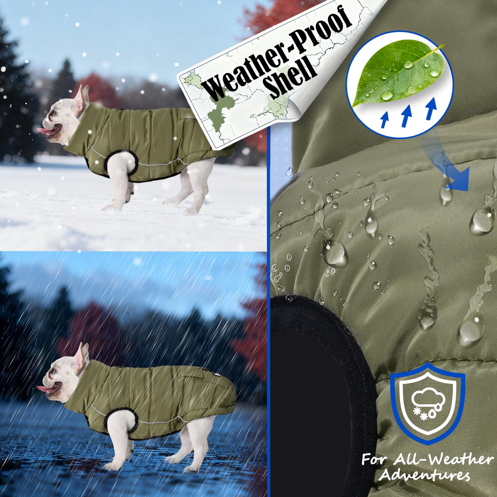 Inanil dog winter puffer jacket Olive leash-port access enables secure daily walks.