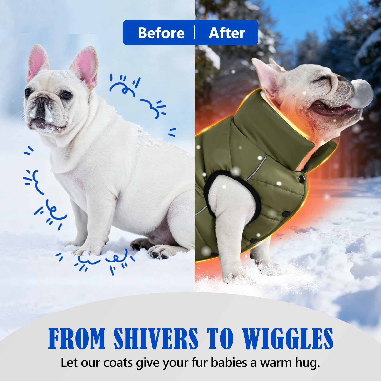 Inanil dog winter puffer olive back view with reflective strips for safety