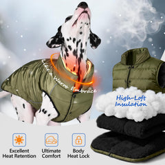 inanil dog winter puffer olive back view showing reflective safety features for night walks