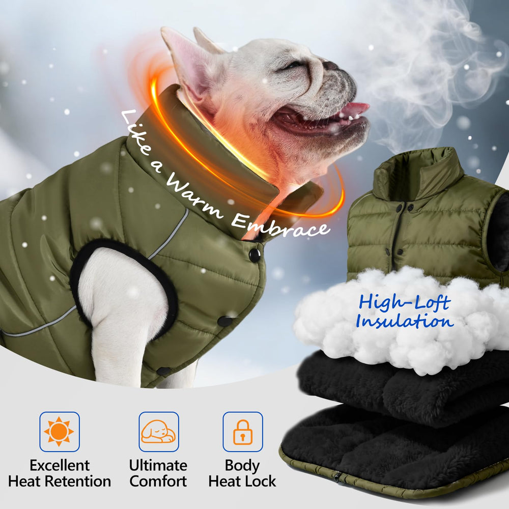 Inanil dog winter puffer jacket back view with reflective strips