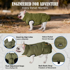 Inanil dog winter puffer olive snaps closeup demonstrates no-pinch fasteners