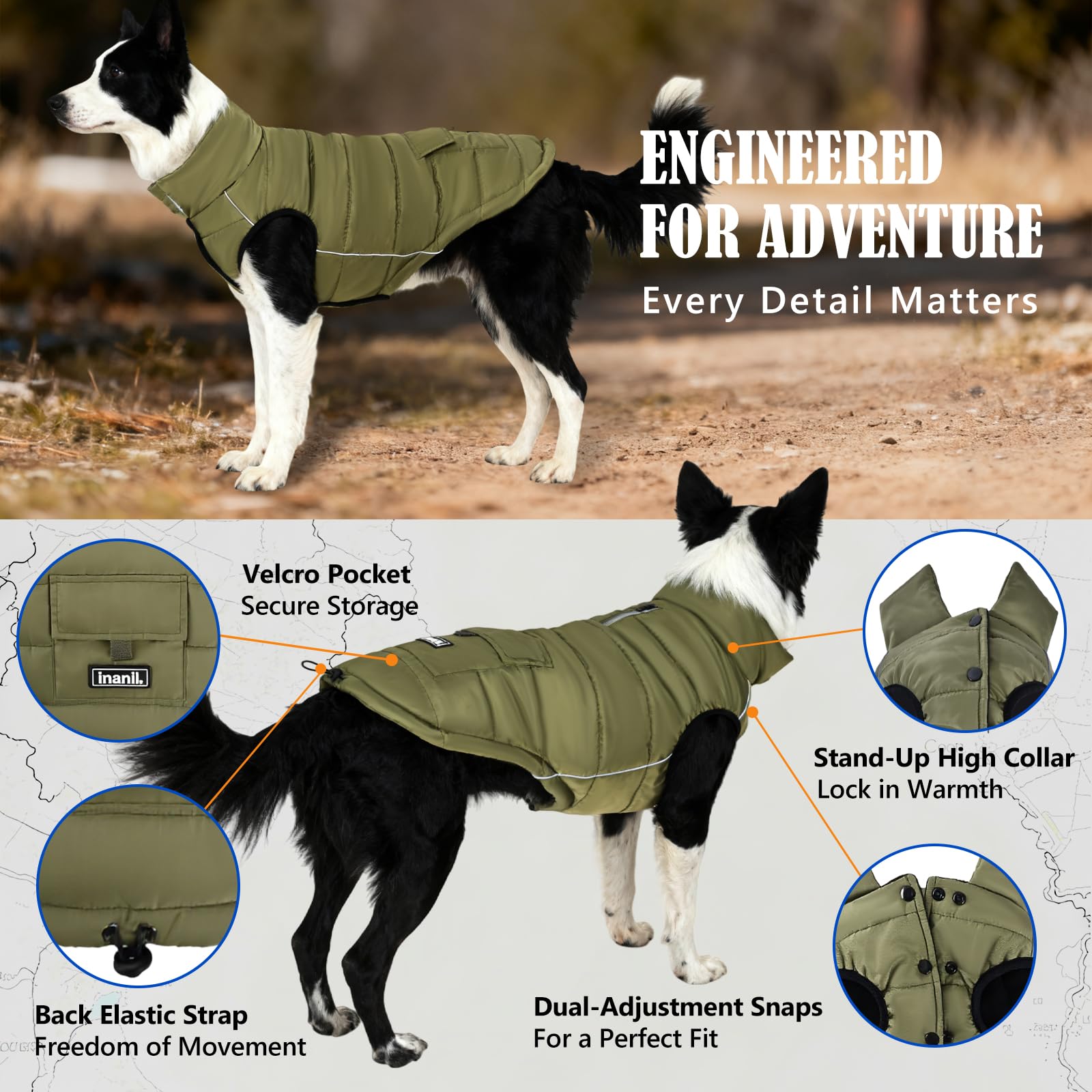 Inanil leash-hole access port allows safe, convenient walks without removing the coat