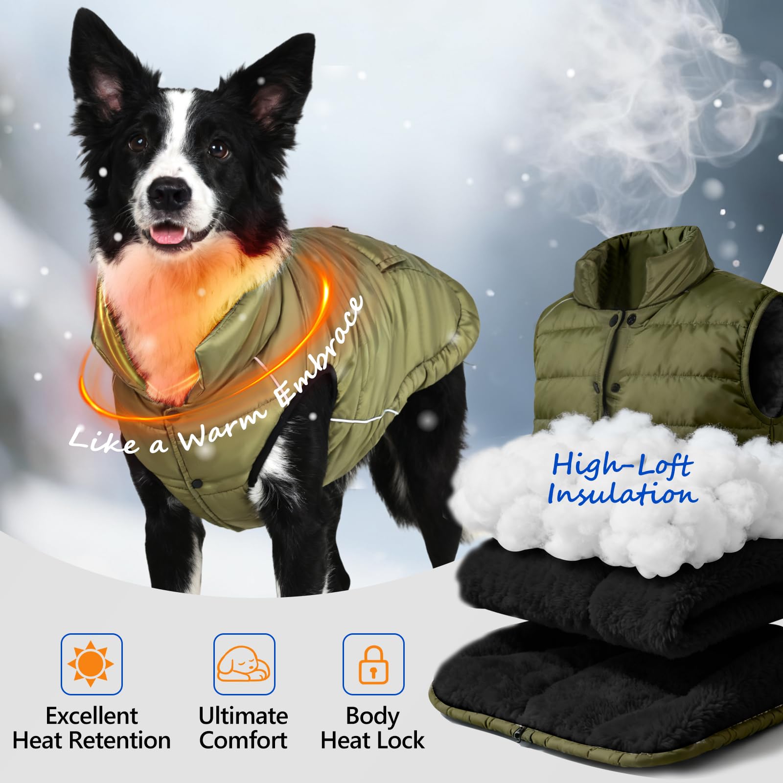 Inanil waterproof dog puffer shell close-up shows durable exterior, ideal for all-weather outings